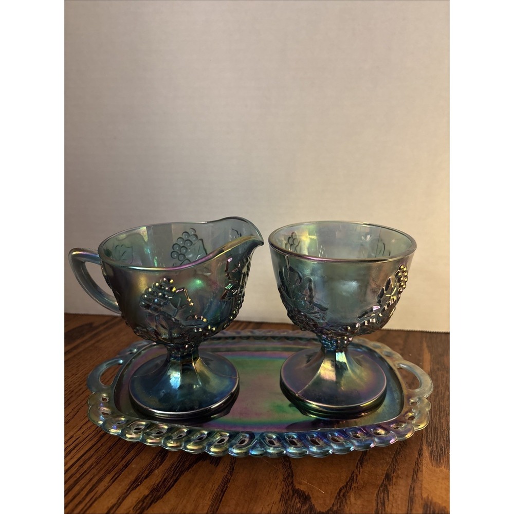 Vintage Indiana Glass Harvest Grape Carnival Glass Creamer Sugar Tray Blue